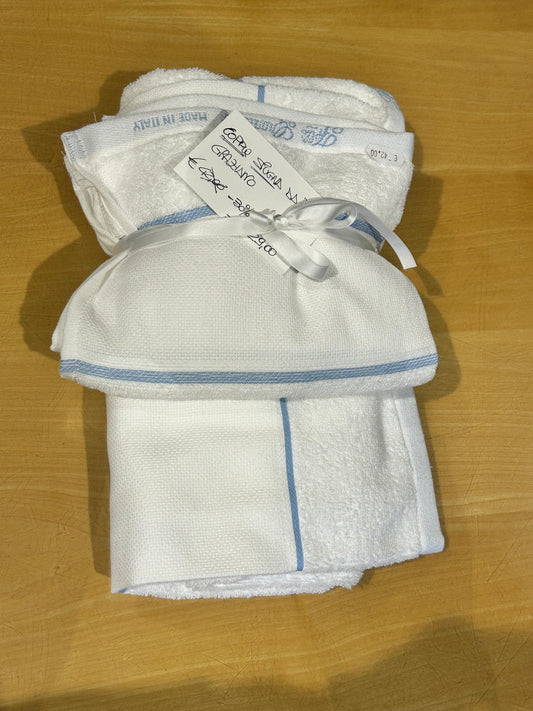 Coppia Spugna da ricamo, ospite+viso, COL. BIANCO con bordi celeste, F.lli GRAZIANO