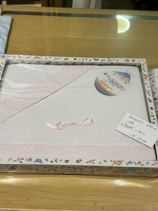 lenzuolo lettino BIMBA (2 PZ.) federa+copertina ricamabile a punto croce, bianco e rosa